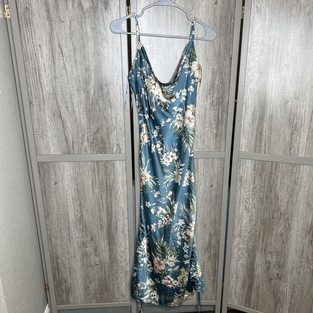 Mable Satin Dress Teal Floral Cowl Neck Ruching on the Sides - Picture 2 of 10